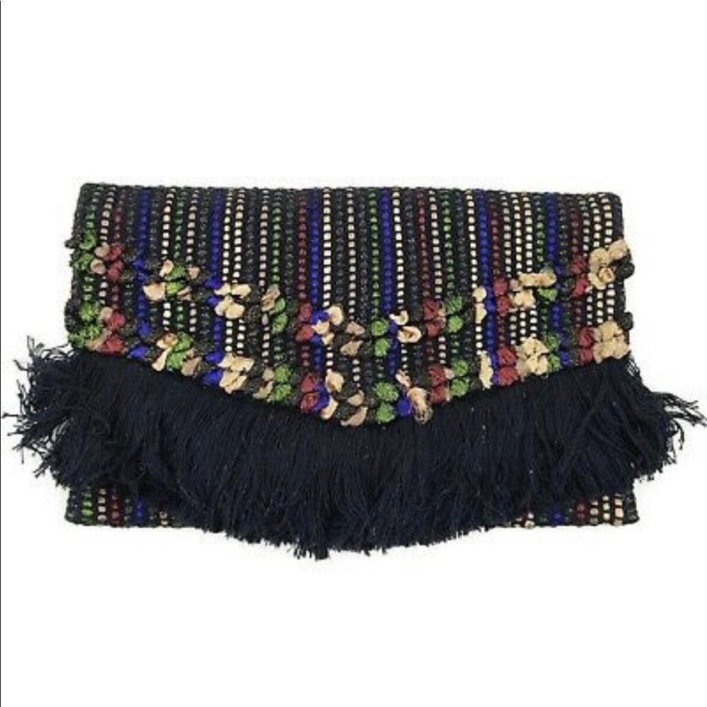 NWT Stella & Dot Black Taj Clutch Fringe Purse